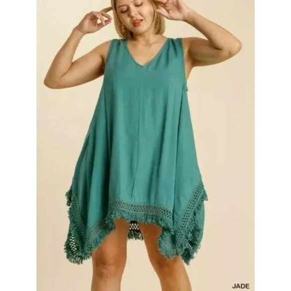 Umgee Sleeveless Gauze Mini Dress Teal  Tassel Fringe Crochet Small Boho Summer - Picture 9 of 9